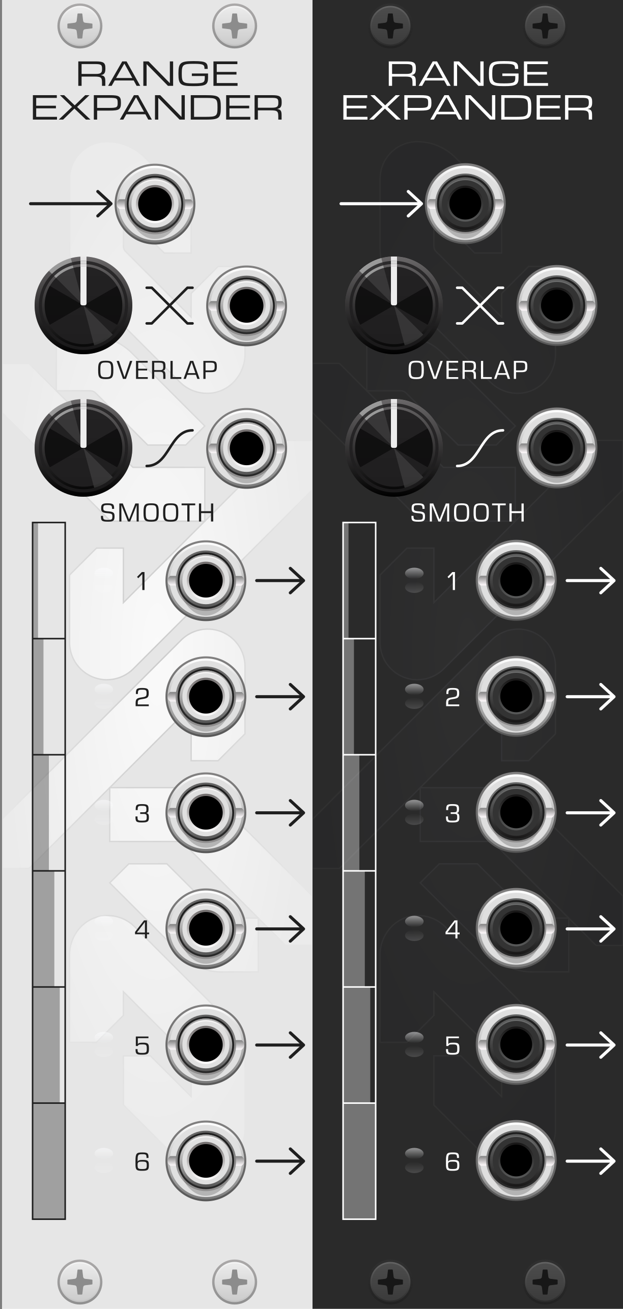 The Range Expander panel in light and dark versions: input, Overlap and Smooth knobs with CV inputs, six numbered outputs, and a slice-column graphic showing the range subdivision